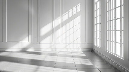 Obraz premium A photorealistic beautiful light empty wall in a room, morning sunlight streaming through windows