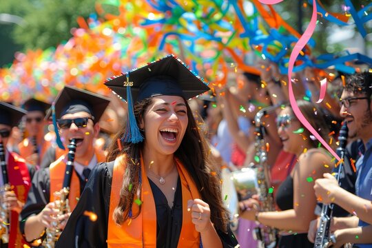 Graduation parade image of a community parade celebrating graduates, with local bands, cheering crowds, and vibrant decorations