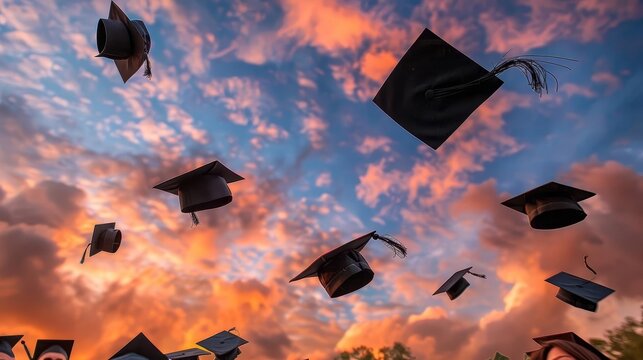 Graduation caps in the air image of a creative perspective shot from below, capturing the caps midair with graduates  faces in the background