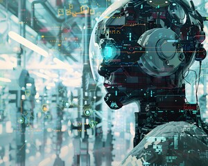 Illustration of Applying AI and ML algorithms to analyze data and optimize industrial processes, improve quality control, and enhance production efficiency. Ai Generate.