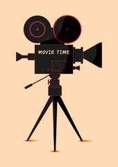 Film poster design on background with retro movie camera and film strip. Can be used for banner, brochure, leaflet, flyer, print. Camera elements.