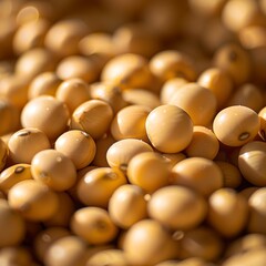 Close-up of Golden Soybeans Heap with Natural Sunlight