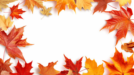 Obraz premium Autumn Leaves Border with Colorful Maple Foliage Isolated on White Background. Copy space. Generative AI 