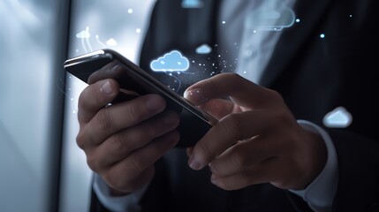 Businessman using smartphone for cloud computing technology and data synchronization concept, modern digital wireless connection.