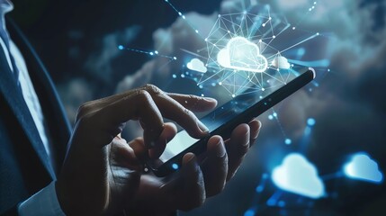 Person using smartphone with cloud computing concept, data exchange and technology integration, innovative digital future.