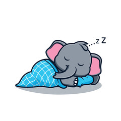 cartoon illustration design of a cute and kawaii elephant sleeping with a pillow and blanket