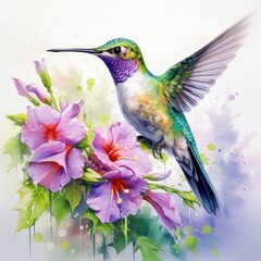 Fototapeta premium A colorful hummingbird with a long bill hovers near a purple flower.