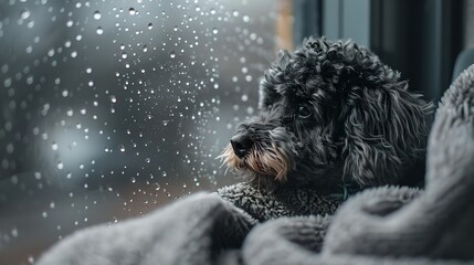 Contemplative Poodle During a Serene Snowfall, Gazing Out the Window