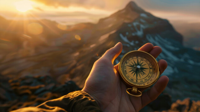 Sunrise Over Mountains with Hand Holding Compass