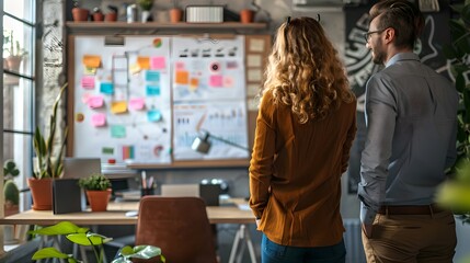 Naklejka premium Creative Team Brainstorming With Sticky Notes on Glass Wall in Modern Office