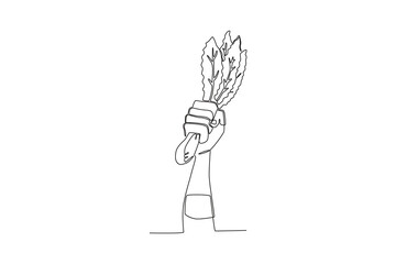 Single continuous line drawing of a Hand holding vegetable,world vegetarian day concept. One line draw design vector illustration
