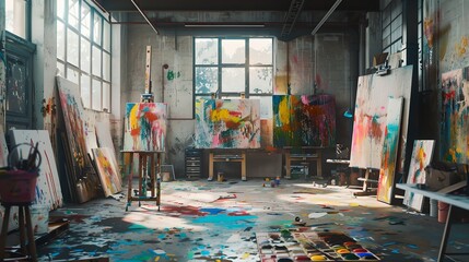 Obraz premium Colorful Artist Studio Brimming with Creativity and Artworks