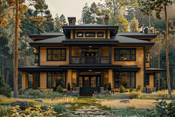 Front view of a newly constructed craftsman style gold house with black accents, surrounded by a forest.