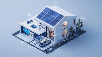 Isometric Home office electricity with battery energy storage system diagram and quantum computing technology ,advanced holographic displays and AI-powered devices smart ,  cutting-edge technology  El