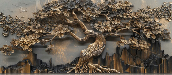 An intricate 3D wall art design of a tree with detailed branches and leaves, crafted from layered wood and metallic accents, perfect for adding a touch of nature to interior decor.