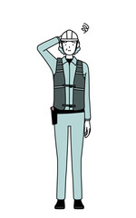 Senior female engineer in helmet and work wear scratching her head in distress.