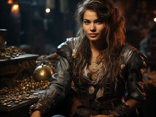 Pirate Woman In Striped Shirt And High Boots, Holding Dagger, Sits On Chest Of Gold Coins And Jewels In Dimly Lit Cabin