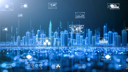 Futuristic digital cityscape with skyscrapers, digital city concept.