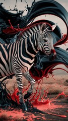 Obraz premium A liquid-based zebra image where black and red liquids swirl and spray, creating a striped pattern. The liquids are dynamic, creating mesmerizing movement as they intertwine and form zebra fur.