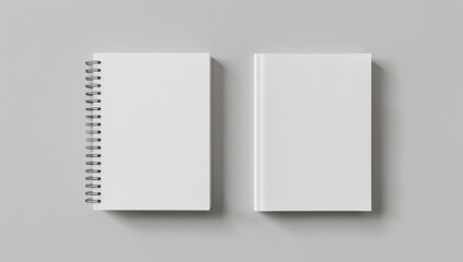 two white spiral notebook mockups, one on the left and another on right side of page