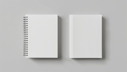 Fototapeta premium two white spiral notebook mockups, one on the left and another on right side of page