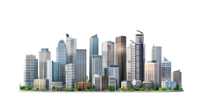 Modern Cityscape Buildings Isolated on Transparent Background for Urban Design Use