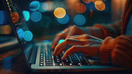 Focused Hands Typing on Modern Laptop Keyboard