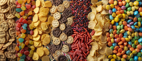 A variety of snacks including chips, candy, and cereal are spread out on a table