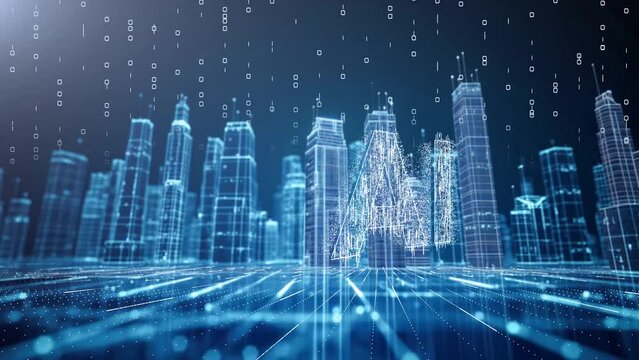 Futuristic digital cityscape with skyscrapers, digital city concept.