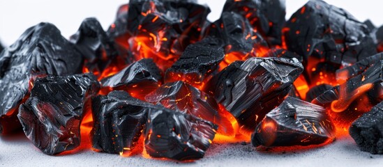 Burning coal emitting fire for bbq grill on white background. generative AI image