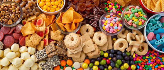 snacks, sweet and candy background, junk fast food unhealthy nutrition