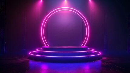 Futuristic podium background with neon accents and a digital display. Metallic surfaces and holographic elements. Bright, dynamic lighting creating a high-tech atmosphere
