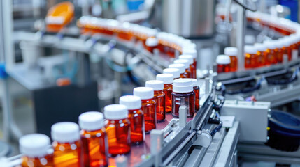 Obraz premium Pharmaceutical Plant with Automated Robots for Vitamin Bottling