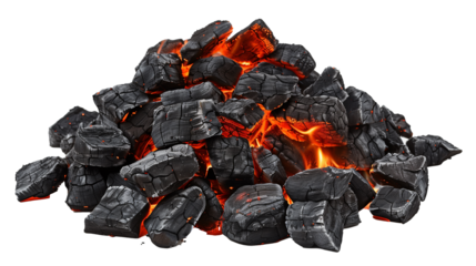 A pile of burning charcoal on transparent background