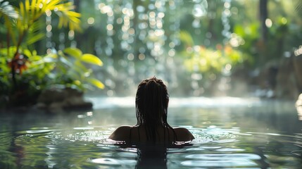 Fototapeta premium Woman relaxes in a hot spring surrounded by lush greenery.