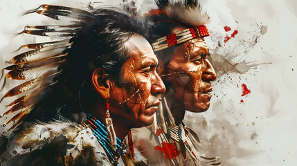 Two native american men adorned with feathered headdresses and traditional jewelry stand in profile against an artistic background.