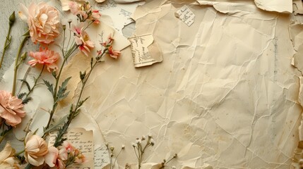 Old worn paper background with classic vintage rose flowers plant botanical decoration.