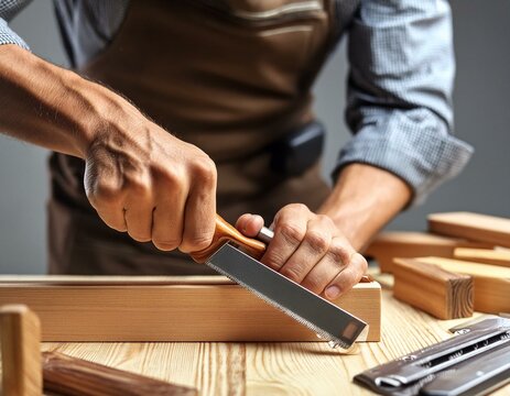Primer plano de un carpintero limando un trozo de madera, centrado en la mano y las herramientas.