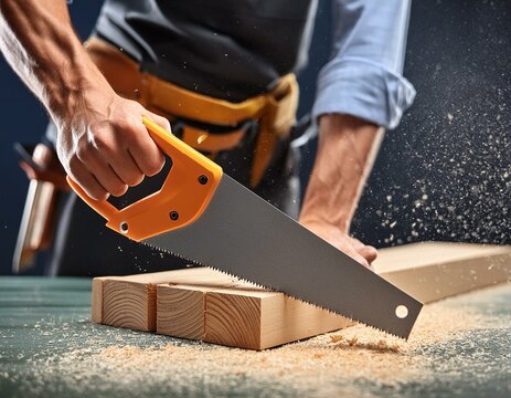 Primer plano de un carpintero serrando un trozo de madera, centrado en la mano y las herramientas.