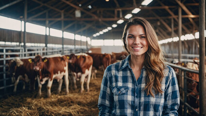 Happy farmer woman on rural farm with cows, cow cattle.