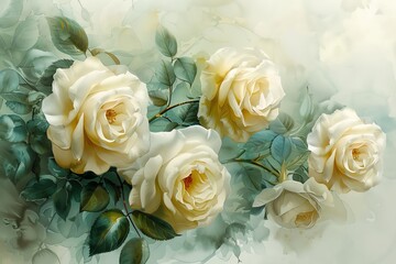 Elegant white roses in soft focus with green foliage, creating a dreamy and romantic atmosphere. Perfect for floral and wedding themes.