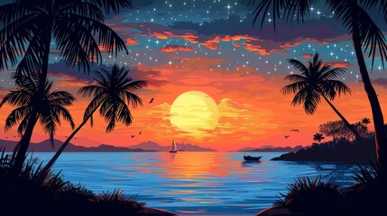 Tropical Sunset with Palm Trees and a Boat