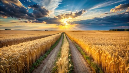 Fototapeta premium Dirt road cutting through a field of golden wheat, agriculture, rural, countryside, farm, harvest, landscape, summer, sunny, peaceful, serene, outdoor, nature, crop, growth, tranquility