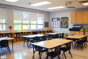 Classroom with neatly arranged desks and fresh supplies, ready to welcome students for a new academic year, symbolizing preparation and a fresh start 