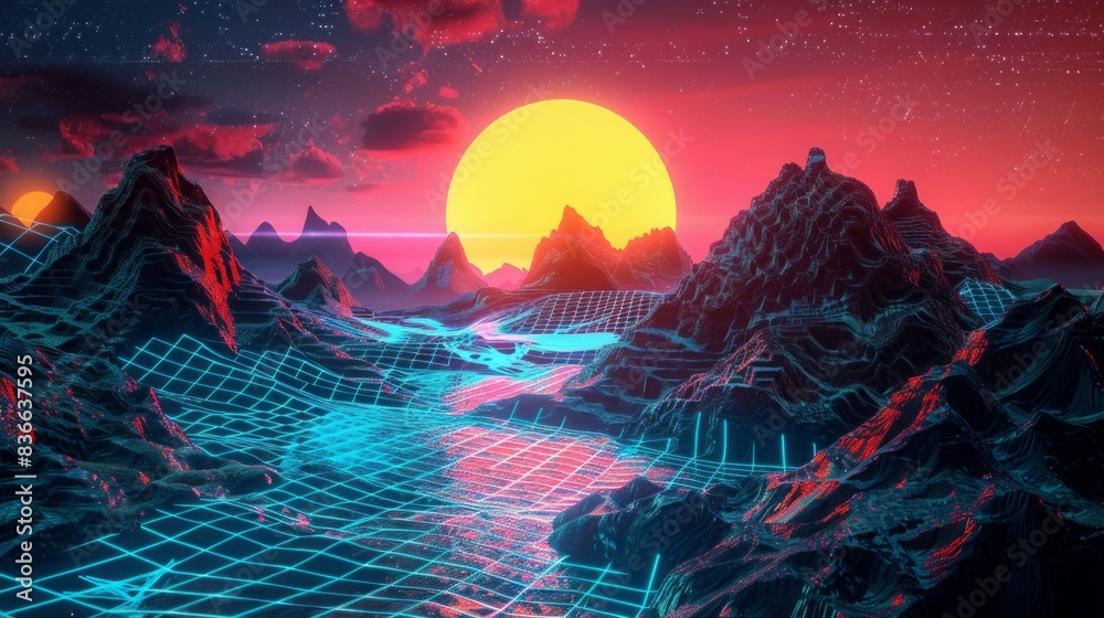 Wall mural Retro futuristic background 1980s style Digital landscape in a cyber world Retro Wave music album cover template with sun space mountains and laser grid on terrain