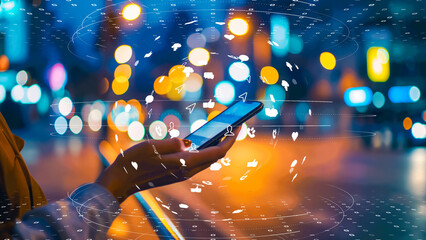 Woman enjoying digital content on her phone, with futuristic digital interface elements