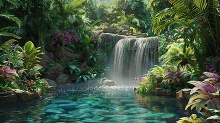 Jungle waterfall cascading into a crystal-clear pool, with lush greenery and vibrant flowers surrounding the scene, creating a picturesque and tranquil natural oasis 