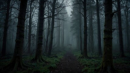 The atmospheric background setting of an eerie forest at dusk ai_generated
