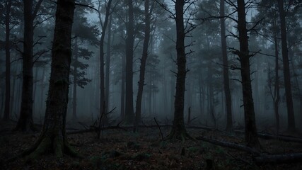 The atmospheric background setting of an eerie forest at dusk ai_generated