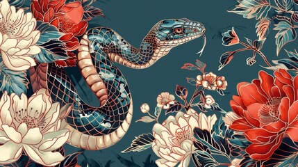 Year of the Snake: A Luxurious and Detailed Illustration of the Chinese Zodiac Symbol - 4K Wallpaper. This intricate and vibrant illustration celebrates the Year of the Snake, a symbol of wisdom, pros